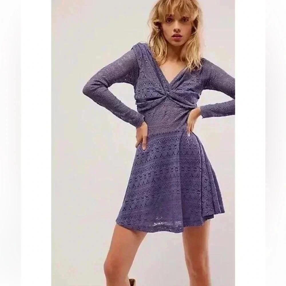 NEW Free People Lila Mini Dress Purple Lace Sz M
